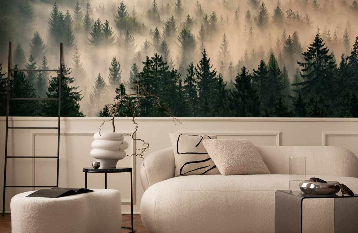 Fototapete mit Wald im Wohnzimmer mit Lamperie Fototapete mit Wald: Die heilende Kraft von Grün